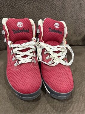 Timberland Mens Burgundy Mesh Hiking Boots with Cream Laces